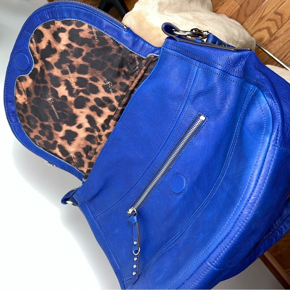 B. Makowsky Blue Genuine Leather Crossbody Shoulder Bag Studded Leopard Lining - Picture 7 of 15